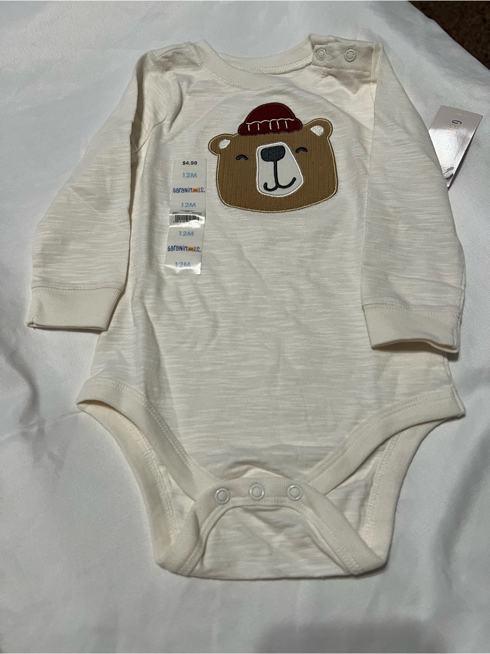 Garanimals Cream Long-Sleeve Bodysuit with Brown Bear and Red Hat Applique